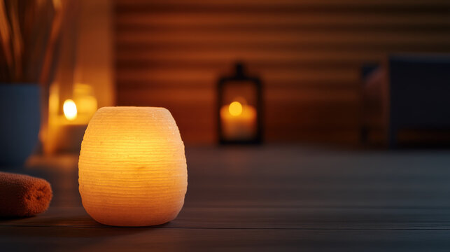 Soft glowing salt lamp with spa essentials creates calming atmosphere