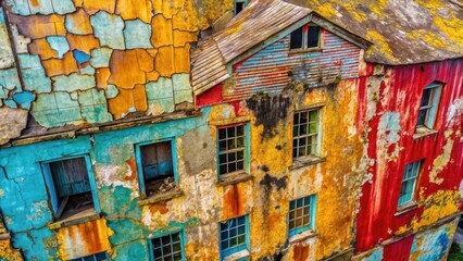 Cracked, weathered paint textures a grunge wall; an abstract aerial drone shot, distressed and captivating.