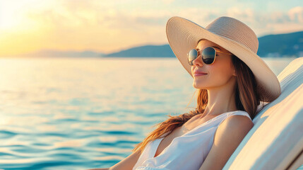 Relaxing woman in sun hat and sunglasses by ocean at sunset, enjoying serene atmosphere and warm light