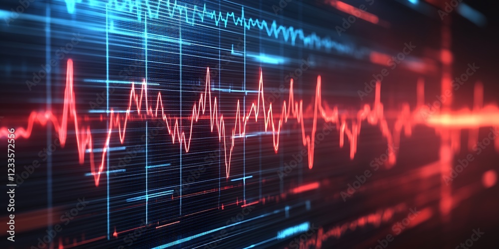 Poster Digital Sound Wave Pattern in Vibrant Blue and Red with Tech Grid : Generative AI