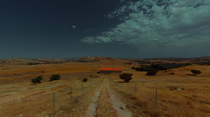 Obraz premium Rural landscape, farmhouse, dirt road, mountains, sunset