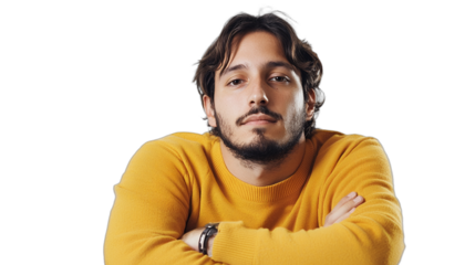 a portrait of a young man with a beard in an orange sweater posing with his arms crossed and a serious look on his face face PNG image, PNG file, Generative art.