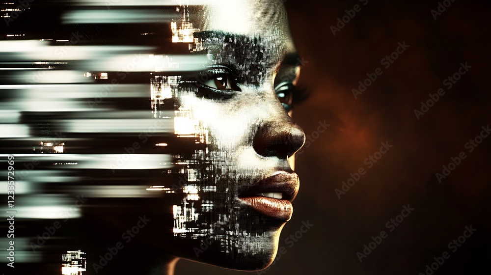 Fototapete futuristic conceptual art portrait with digital matrix overlay on human face in dark setting : gener