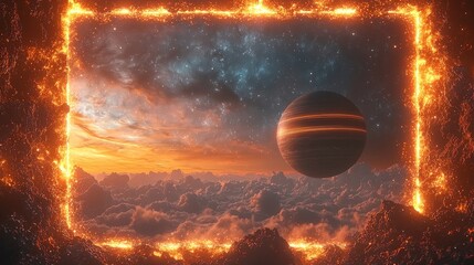 A stunning cosmic landscape featuring a giant planet framed by fiery rock formations at sunset