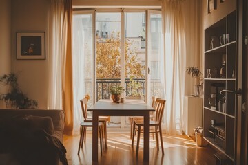 Fototapeta premium A Japandi-style apartment with a wooden dining table, minimal furniture, and soft natural light streaming in from a balcony.