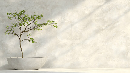 Small tree pot, sunlight, textured wall, interior design