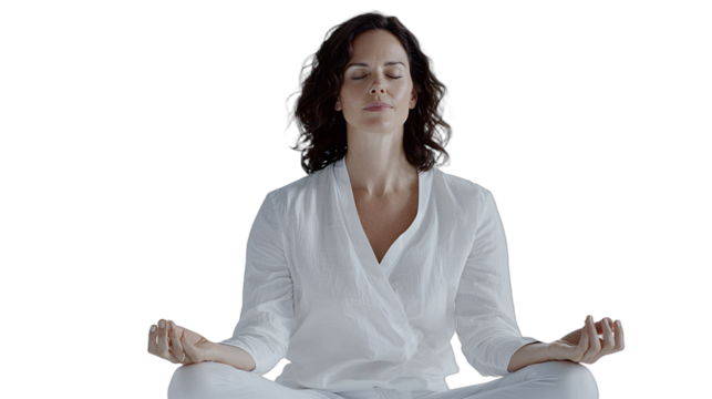 a woman sitting in a yoga pose with her eyes closed PNG image, PNG file, Generative art.