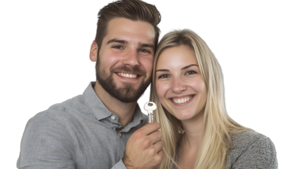 a young man and woman holding a key posing for a picture PNG image, PNG file, Generative art.