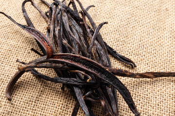 A bundle of dried vanilla pods rests on a textured burlap surface, with one pod split open to...