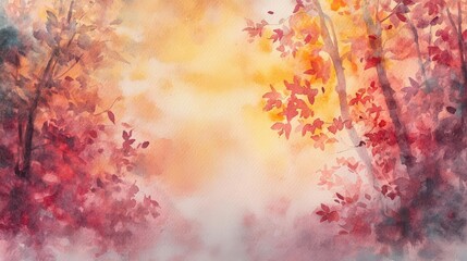 Obraz na płótnie Canvas misty autumn forest scene with golden sunlight filtering through crimson and amber leaves impressionistic watercolor style