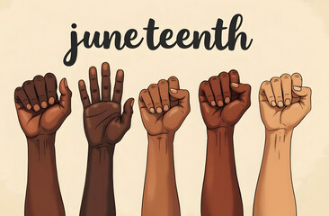 Juneteenth Hands United Diversity Power. Five raised fists with diverse skin tones and "Juneteenth" on a beige background. Unity, Power and Equality Concept