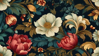 Baroque Elegance HandPainted Dark Floral Pattern on Seamless Fabric, Showcasing a Vibrant Array of Spring Flowers in a Richly Detailed Baroque Style.