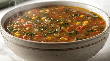 A steaming bowl of hearty vegetable soup with vibrant colors and fresh ingredients