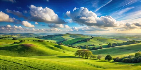 Obraz premium Rolling green hills stretch towards a clear blue horizon with a few wispy clouds