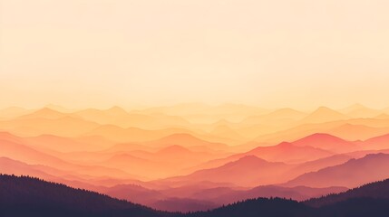 This image depicts a layered mountain range at sunset, with a warm, hazy atmosphere.