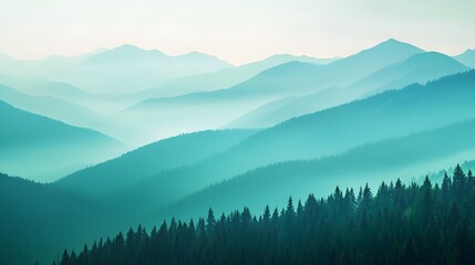 features a series of layered mountain ranges receding into a hazy distance. The mountains are rendered in shades of blue and teal, creating an illusion of depth and a tranquil atmosphere.