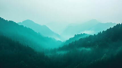 features a series of layered mountain ranges receding into a hazy distance. The mountains are rendered in shades of blue and teal, creating an illusion of depth and a tranquil atmosphere.