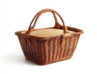 Obraz premium Rustic wicker picnic basket with leather handles, isolated on white.