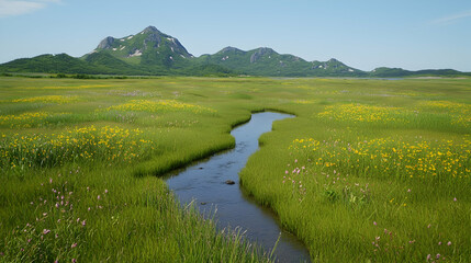 Serene stream flows through wildflowers, mountains in background; nature landscape