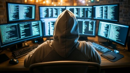 A hooded figure sits in front of multiple computer screens displaying code, cyber intrigue and digital exploration.