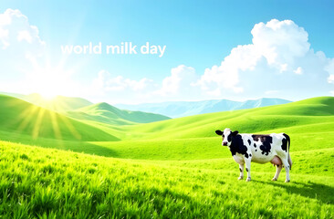World Milk Day scenic landscape with cow and text. A World Milk Day image shows a cow in a scenic green landscape with "world milk day" text. It's a bright, fresh, and natural outdoor scene.