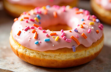 Pink Sprinkled Donut for National Donut Day. A close-up photo of a delicious donut with pink icing and colorful sprinkles, celebrating Happy National Donut Day