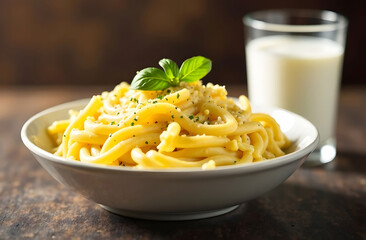 Pasta with cheese and milk for World Milk Day. A bowl of cheesy pasta sits alongside a glass of milk, representing World Milk Day. It is a simple, wholesome, and delicious still life.