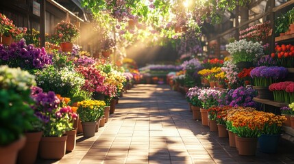 Fototapeta premium Sunlit flower market aisle, vibrant blooms, terracotta pots, website banner