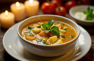 Hearty Soup for Valentine's Day Dinner. A warm bowl of vegetable soup with fresh herbs, tomatoes, and lit candles provides a cozy and intimate atmosphere for a special Valentine's Day dinner. 