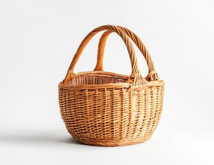 Empty wicker basket with two handles on white background.