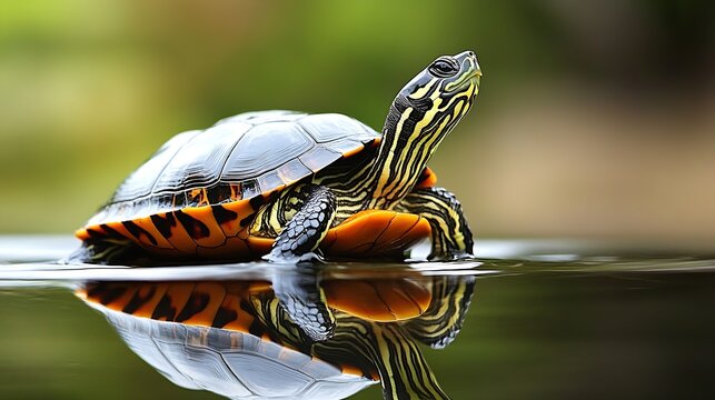 Close-up of a Vibrant Painted Turtle Resting on Water with Perfect Reflection : Generative AI
