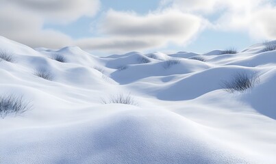 Snowy landscape, undulating hills, winter scene, clear sky, background clouds, for winter travel brochures