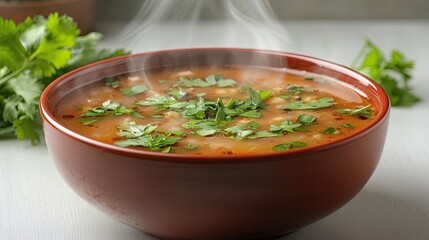 A steaming bowl of soup garnished with fresh herbs, set on a rustic table