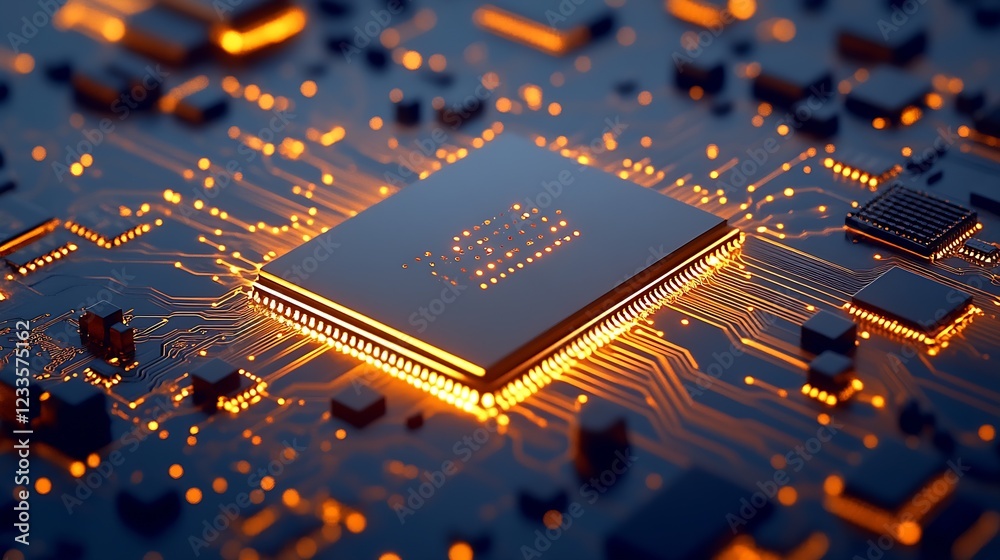 Aufkleber Futuristic Microchip on Circuit Board with Glowing Orange Lights in Tech Design : Generative AI