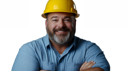 a man with a beard wearing a yellow hard hat with his arms crossed PNG image, PNG file, Generative art.