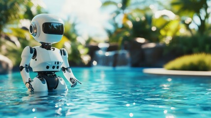 Household service humanoid robot maintaining a crystal-clear swimming pool in a backyard oasis, resort-like home environment with distant view of lush landscaping and sparkling water