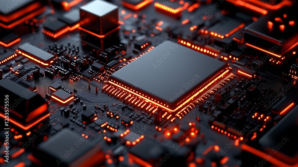Fototapete futuristic red-illuminated close-up of a high-tech circuit board : generative ai