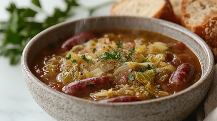 Hearty soup with sausages and cabbage served in a rustic bowl with bread