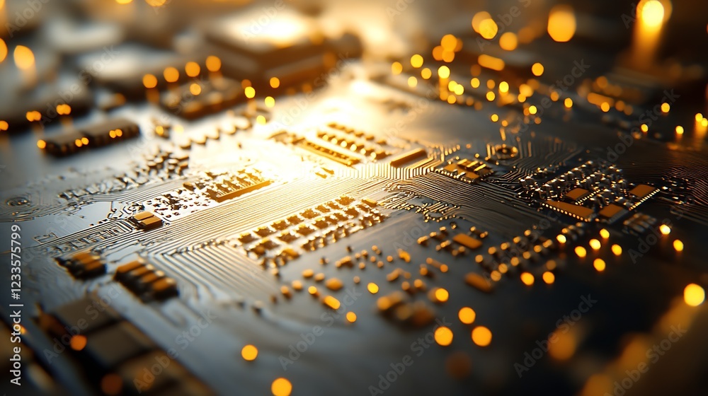 Poster golden circuit board with glowing lights representing technology innovation and future : generative 