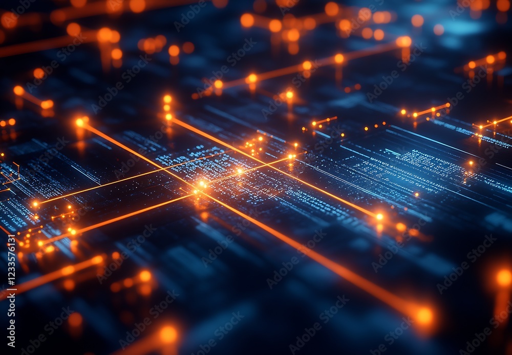 Poster futuristic technology background with glowing digital connections and blue orange circuits : generat