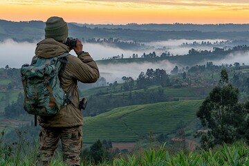 Sunrise hiker photographs misty valley landscape