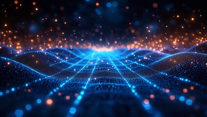 Obraz premium Abstract Digital Landscape: Blue and Orange Glowing Particle Waves