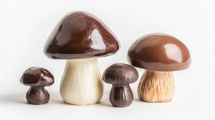Obraz premium Four chocolate mushrooms of varying sizes and colors on white background.