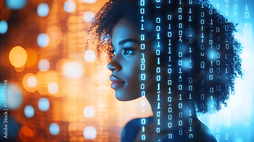 Aufkleber Diverse Woman in a Digital World with Data Flow Background : Generative AI