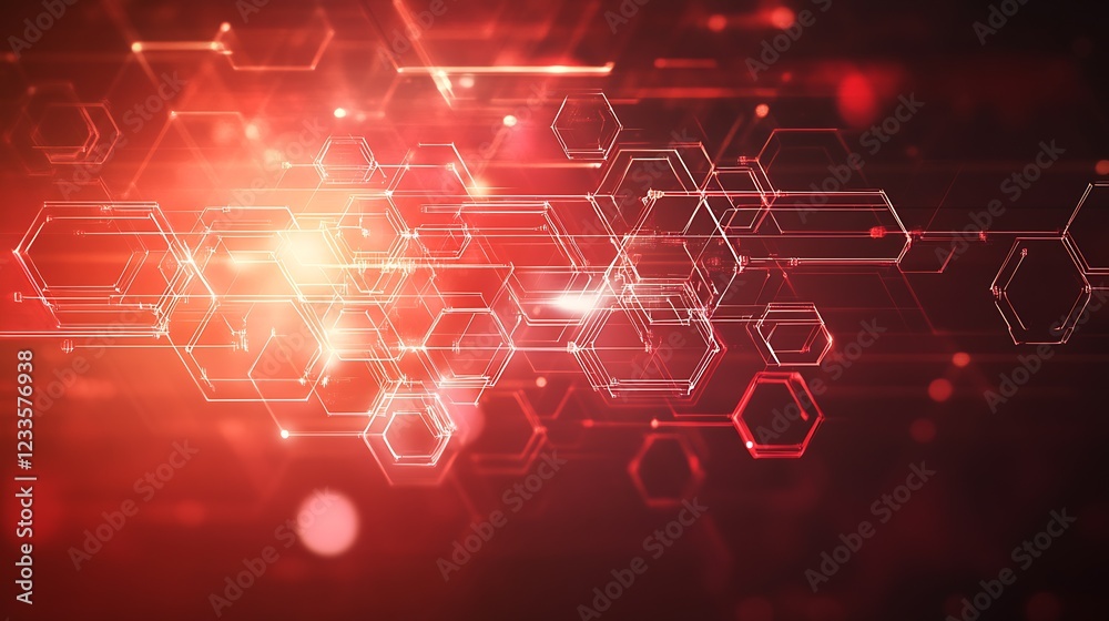 Fototapete Dynamic Red Hexagonal Geometric Background with Light Flares for Technology Themes : Generative AI