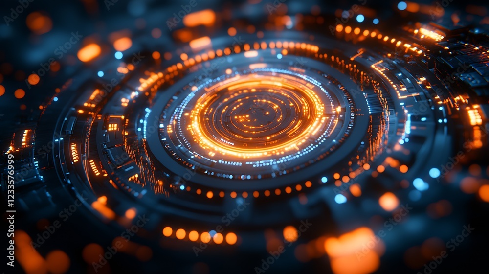 Poster futuristic digital technology with orange and blue holographic interface : generative ai