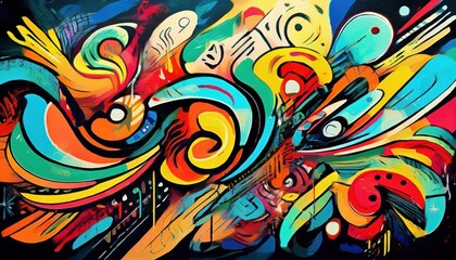 Vibrant Urban Artwork Blending Traditional Stencil Graffiti and AI Techniques, Illuminating a Cityscape in Bold Colors and Textures.