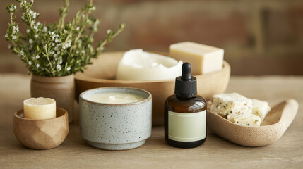 Aesthetic display of spa products including lotion, candles, and soap