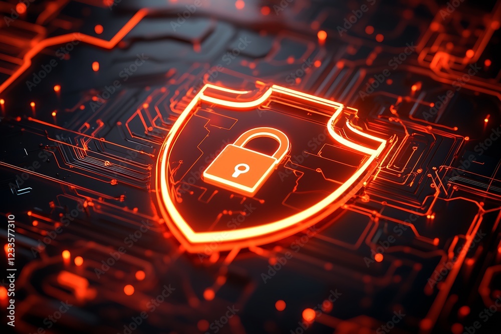 Aufkleber Stylized Cybersecurity Concept with Glowing Shield and Lock Icon on Circuit Board : Generative AI