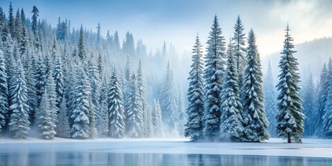 Fototapeta premium Dense fir trees standing tall in a snow-covered forest with a frozen lake in the background and a misty atmosphere , misty, atmospheric conditions